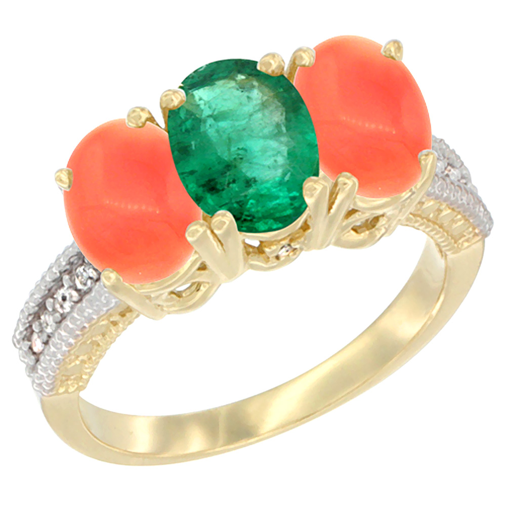 10K Yellow Gold Natural Emerald & Coral Sides Ring 3-Stone Oval 7x5 mm Diamond Accent, sizes 5 - 10