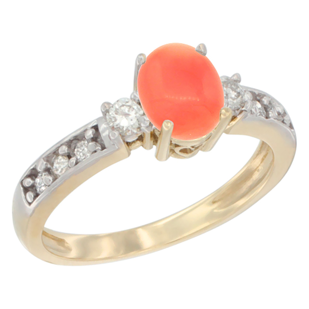 10k Yellow Gold Natural Coral Ring Oval 7x5 mm Diamond Accent, sizes 5 - 10