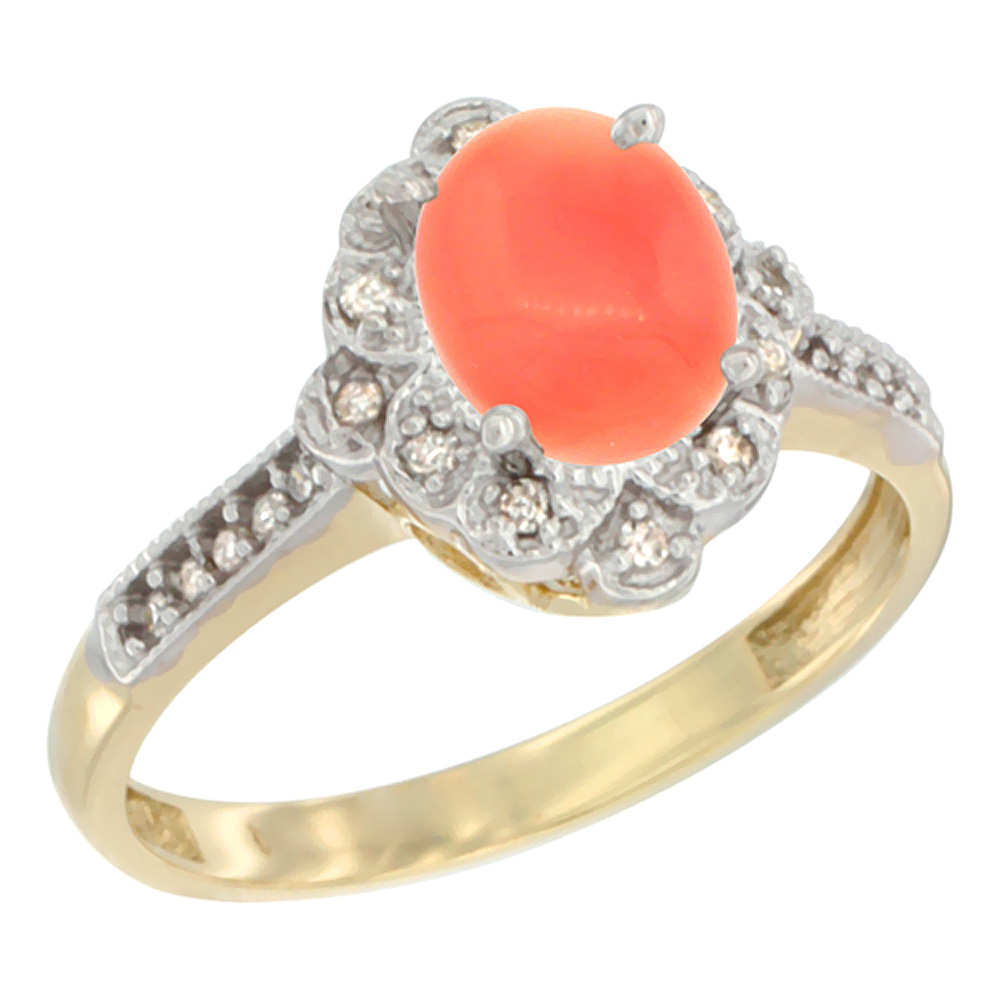 10K Yellow Gold Natural Coral Ring Oval 8x6 mm Floral Diamond Halo, sizes 5 - 10