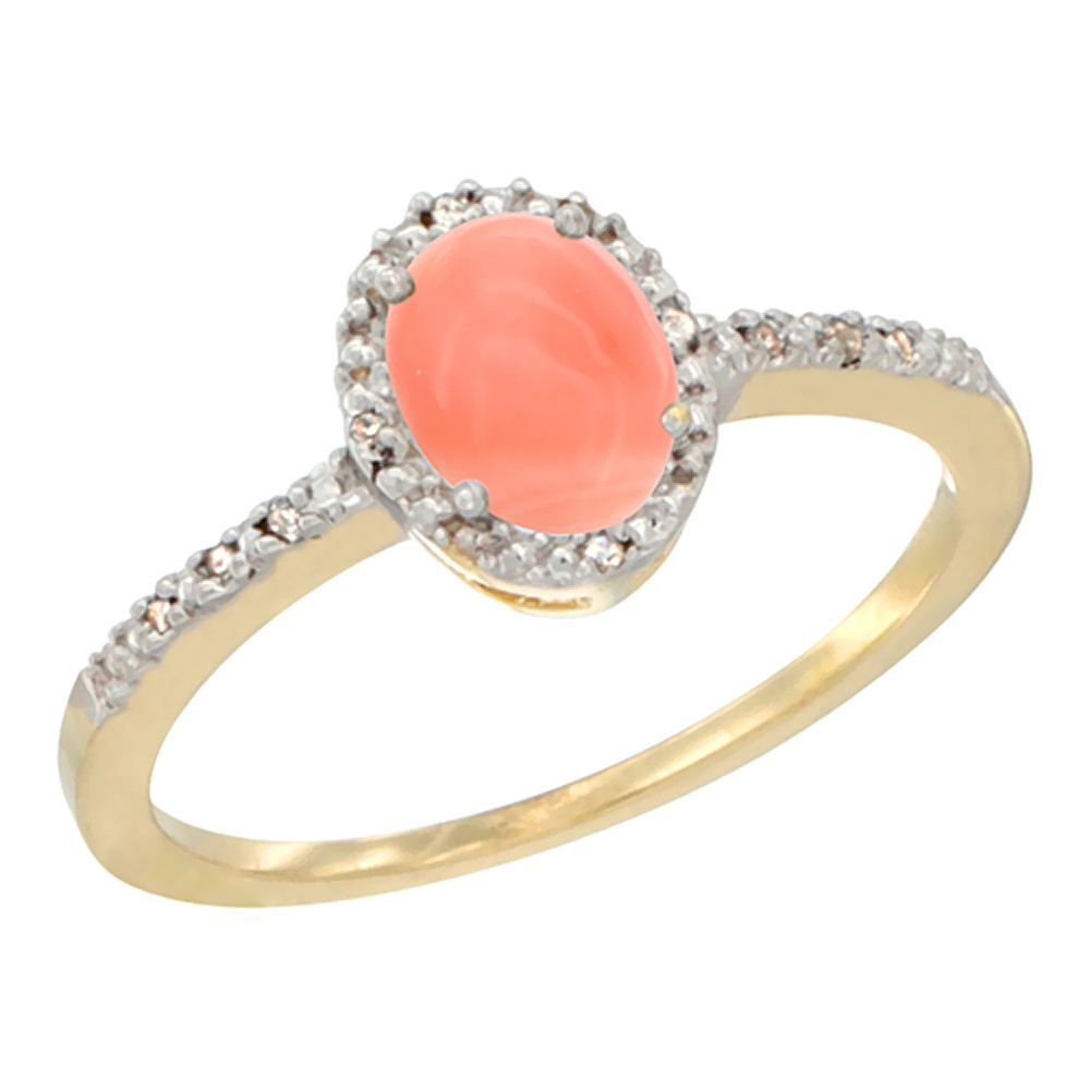 10K Yellow Gold Diamond Natural Coral Engagement Ring Oval 7x5 mm, sizes 5 - 10