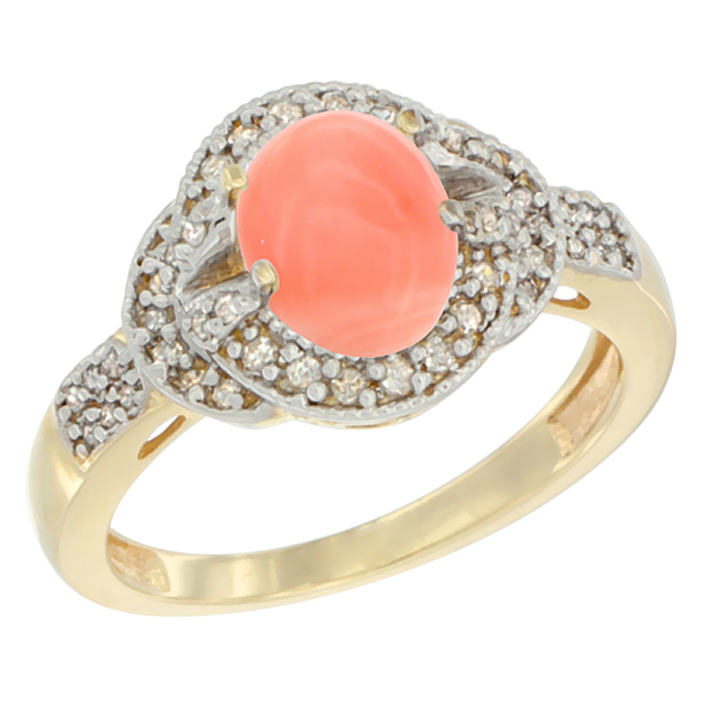 10K Yellow Gold Natural Coral Ring Oval 8x6 mm Diamond Accent, sizes 5 - 10