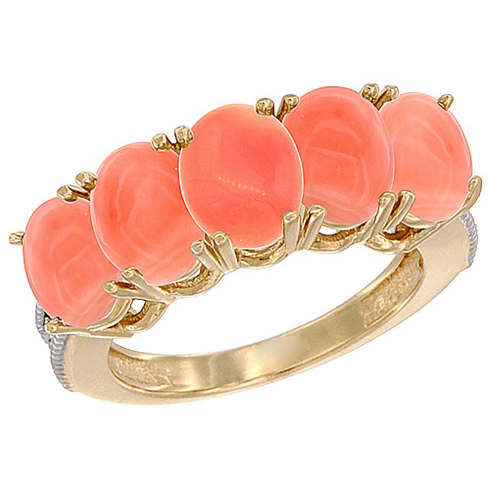 10K Yellow Gold Natural Coral 0.75 ct. Oval 7x5mm 5-Stone Mother's Ring with Diamond Accents, sizes 5 to 10 with half sizes
