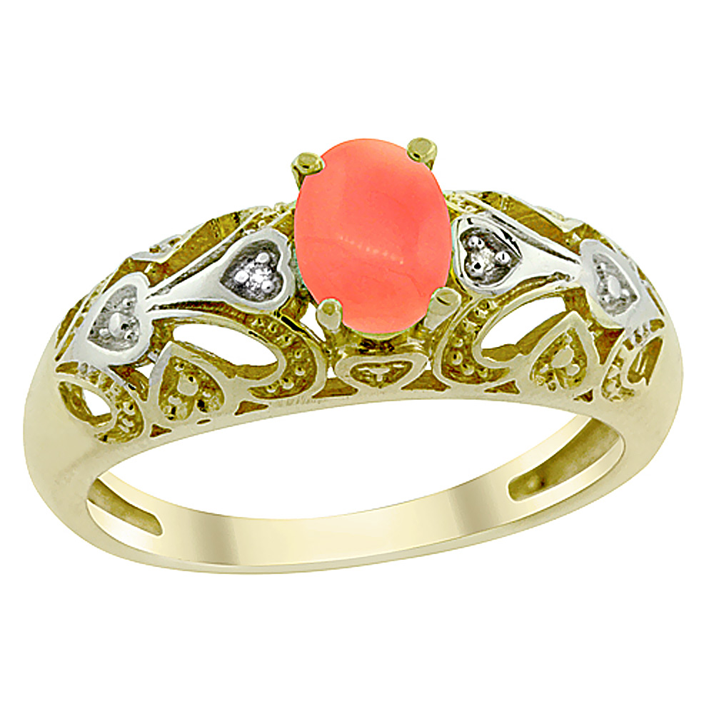 10K Yellow Gold Natural Coral Ring Oval 6x4 mm Diamond Accent, sizes 5 - 10