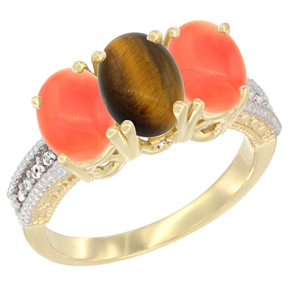 10K Yellow Gold Natural Tiger Eye & Coral Sides Ring 3-Stone Oval 7x5 mm Diamond Accent, sizes 5 - 10