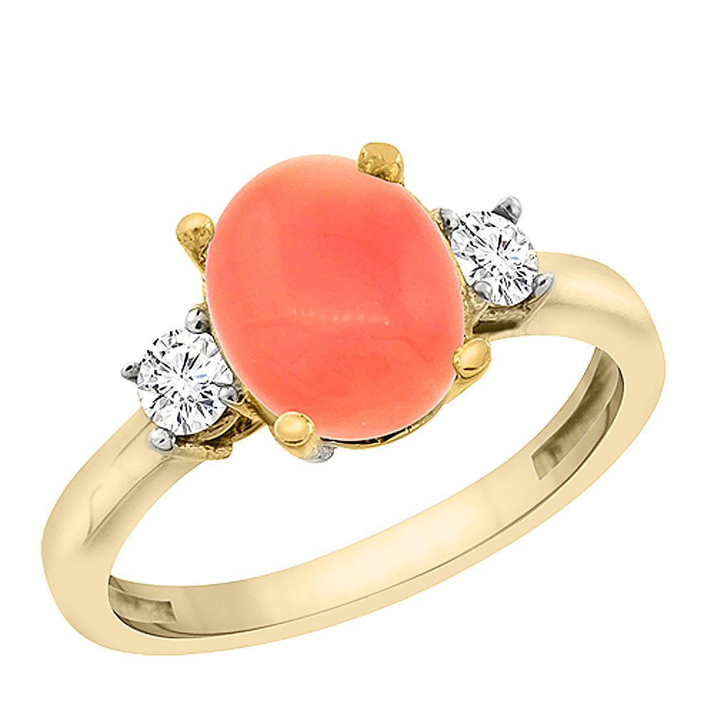 14K Yellow Gold Natural Coral Engagement Ring Oval 10x8 mm Diamond Sides, sizes 5 - 10