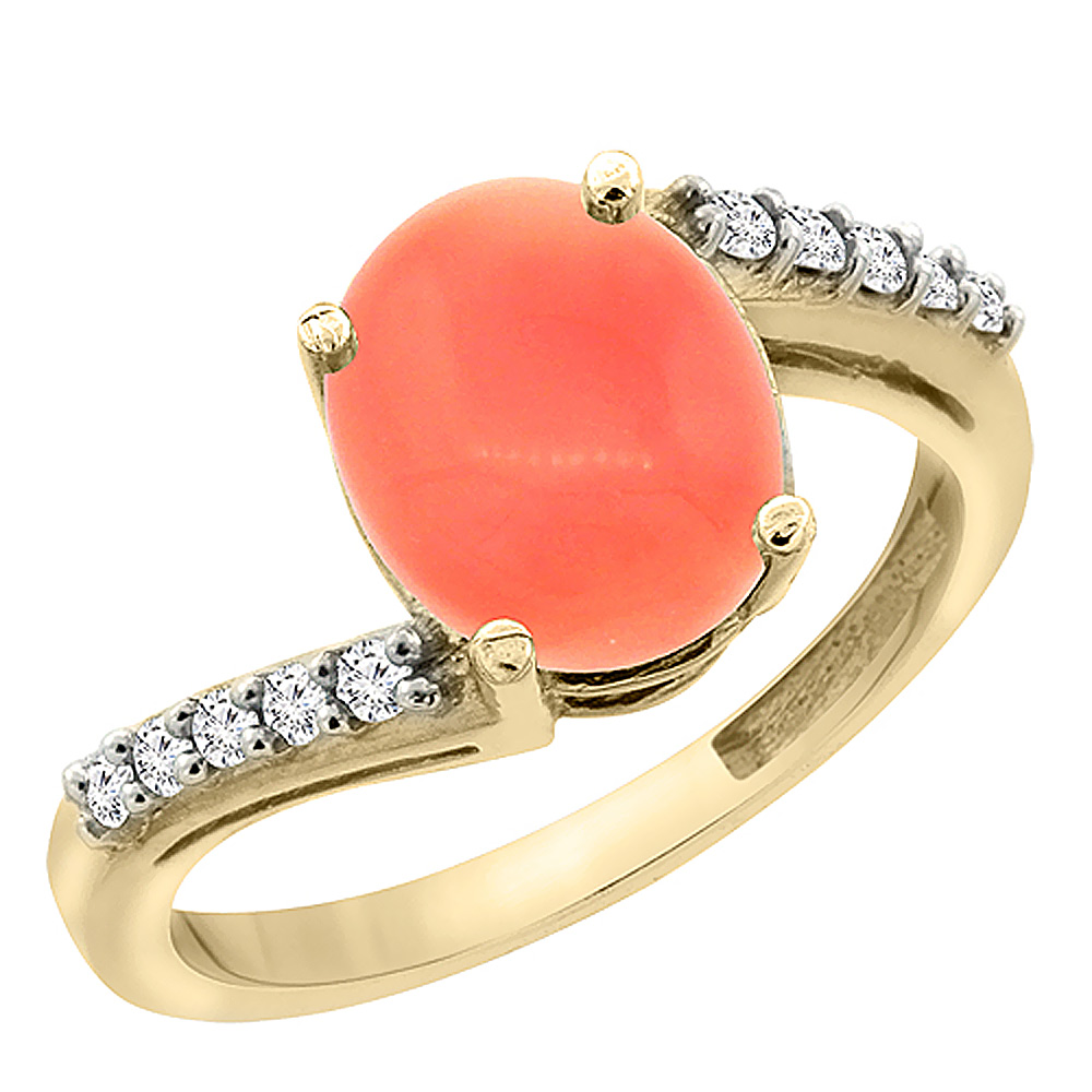 14K Yellow Gold Diamond Natural Coral Engagement Ring Oval 10x8mm, sizes 5-10