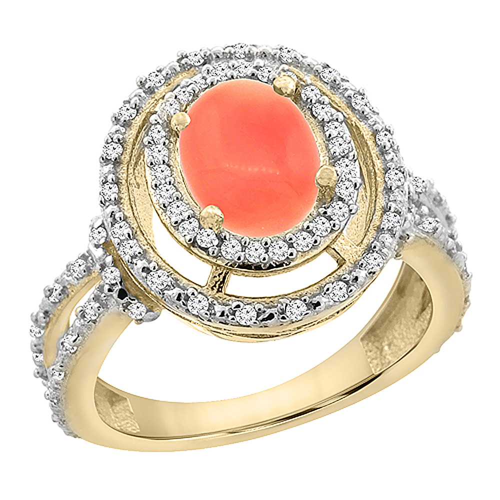 14K Yellow Gold Natural Coral Ring Oval 8x6 mm Double Halo Diamond, sizes 5 - 10