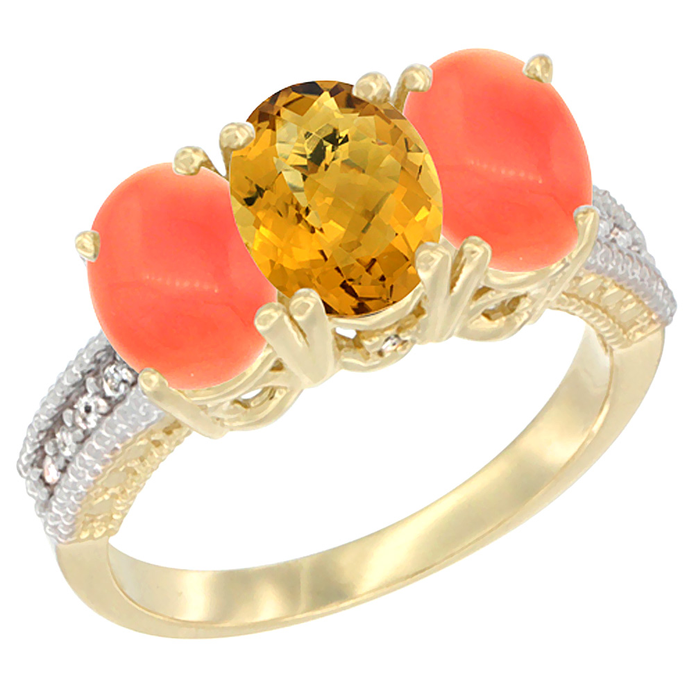 10K Yellow Gold Natural Whisky Quartz & Coral Sides Ring 3-Stone Oval 7x5 mm Diamond Accent, sizes 5 - 10