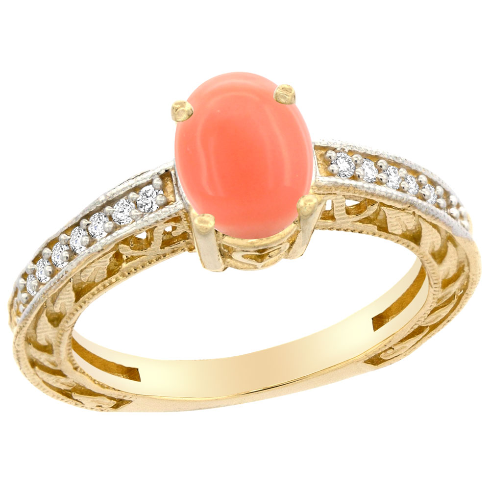14K Gold Natural Coral Ring Oval 8x6 mm Diamond Accents, sizes 5 - 10