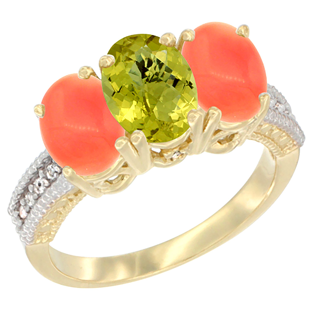 10K Yellow Gold Natural Lemon Quartz & Coral Sides Ring 3-Stone Oval 7x5 mm Diamond Accent, sizes 5 - 10