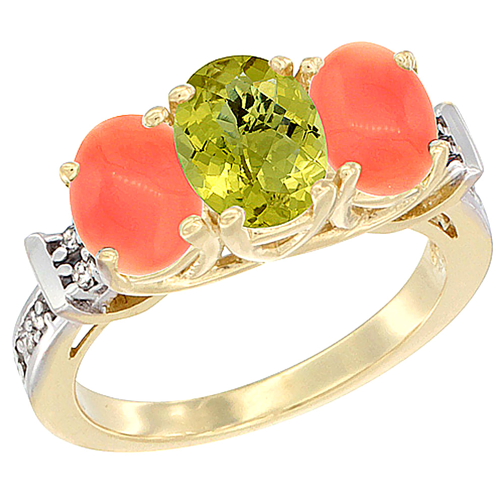 10K Yellow Gold Natural Lemon Quartz & Coral Sides Ring 3-Stone Oval Diamond Accent, sizes 5 - 10