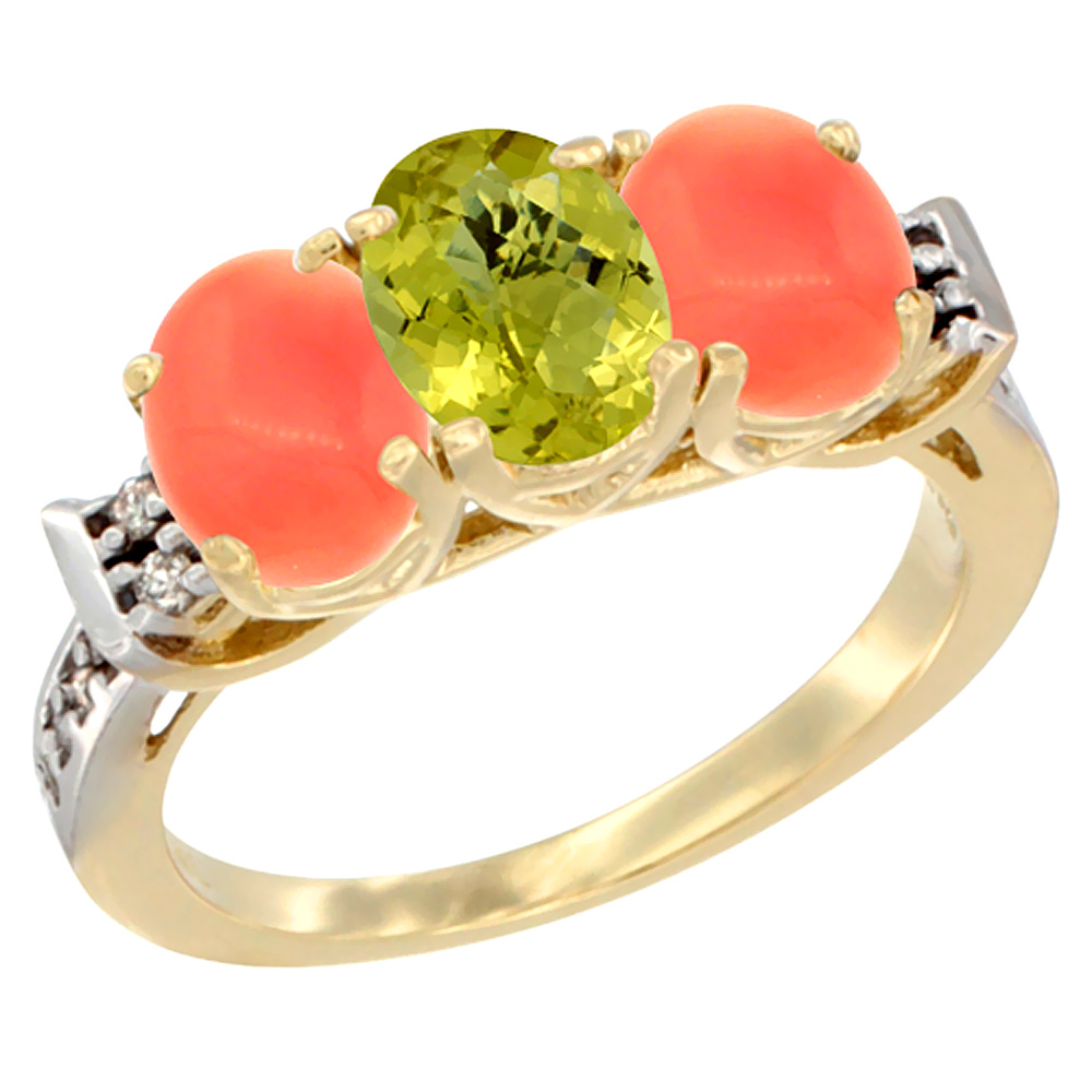 10K Yellow Gold Natural Lemon Quartz & Coral Sides Ring 3-Stone Oval 7x5 mm Diamond Accent, sizes 5 - 10