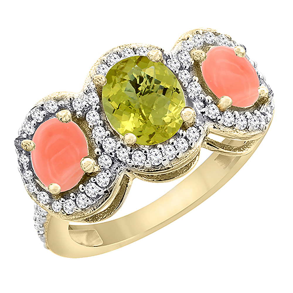 10K Yellow Gold Natural Lemon Quartz & Coral 3-Stone Ring Oval Diamond Accent, sizes 5 - 10