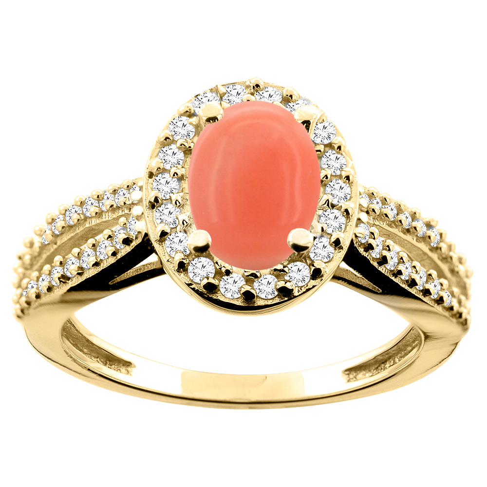 14K White/Yellow/Rose Gold Natural Coral Ring Oval 8x6mm Diamond Accent, size 5