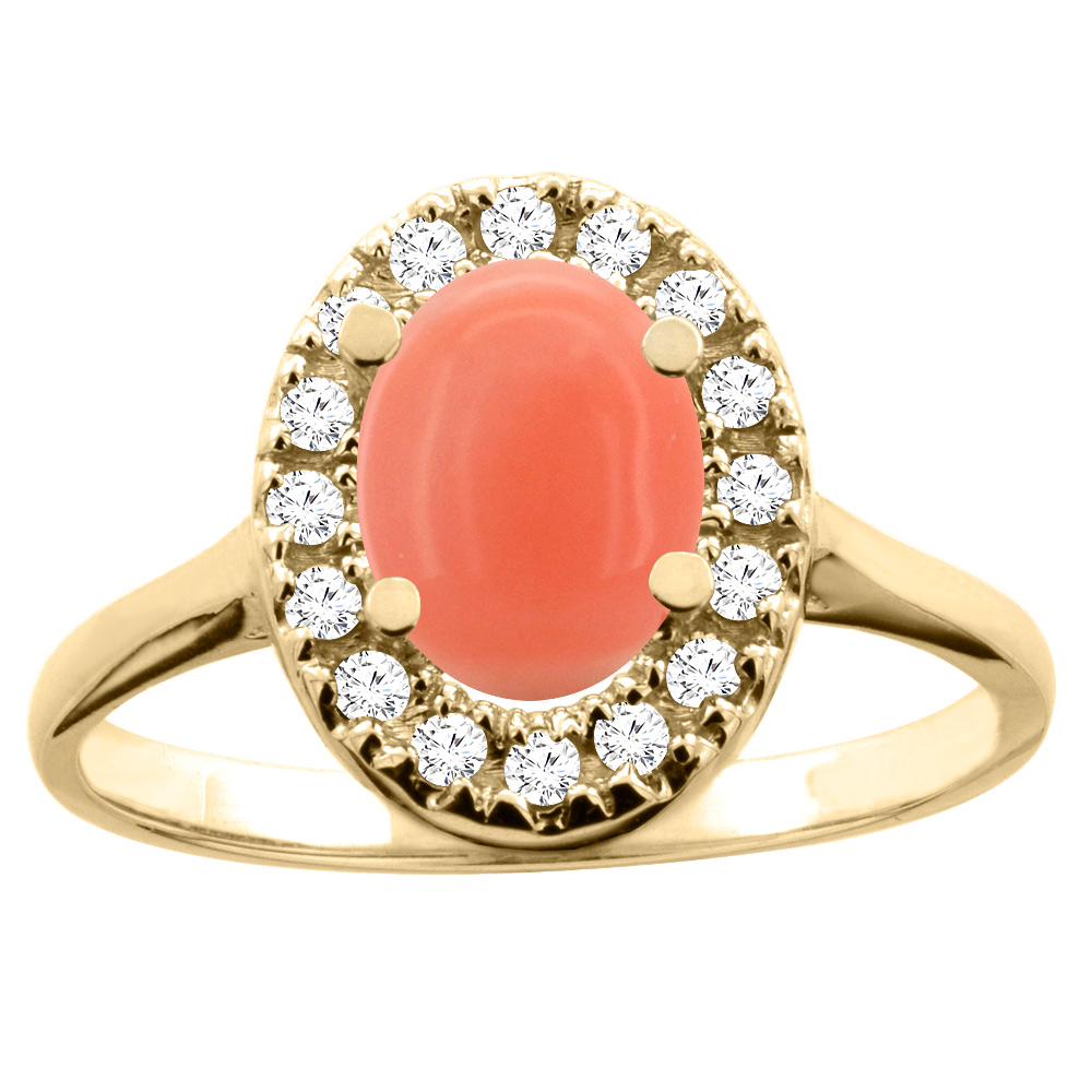 14K White/Yellow Gold Natural Coral Ring Oval 8x6mm Diamond Accent, sizes 5 - 10