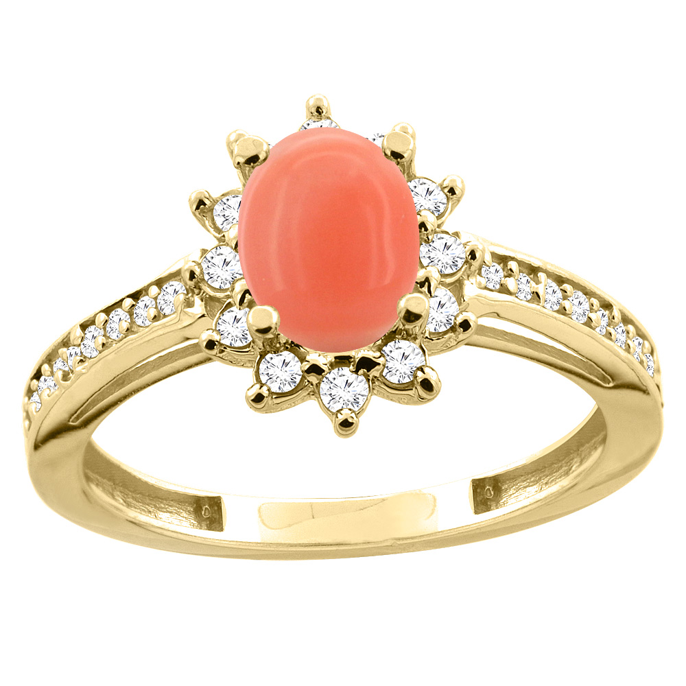 14K White/Yellow Gold Diamond Natural Coral Floral Halo Engagement Ring Oval 7x5mm, sizes 5 - 10