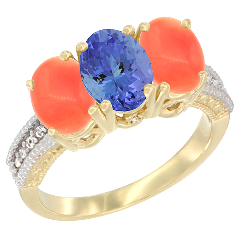 10K Yellow Gold Natural Tanzanite & Coral Sides Ring 3-Stone Oval 7x5 mm Diamond Accent, sizes 5 - 10