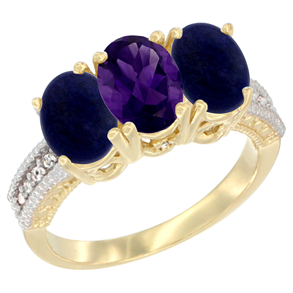 10K Yellow Gold Natural Amethyst & Lapis Sides Ring 3-Stone Oval 7x5 mm Diamond Accent, sizes 5 - 10