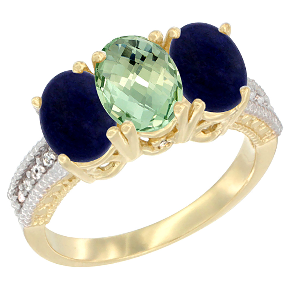 10K Yellow Gold Natural Green Amethyst & Lapis Sides Ring 3-Stone Oval 7x5 mm Diamond Accent, sizes 5 - 10