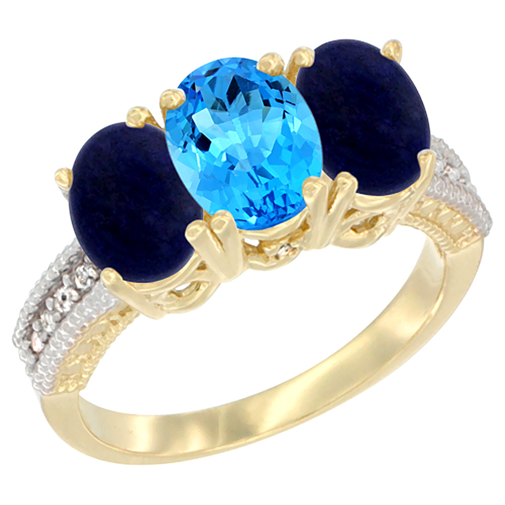 10K Yellow Gold Natural Swiss Blue Topaz & Lapis Sides Ring 3-Stone Oval 7x5 mm Diamond Accent, sizes 5 - 10