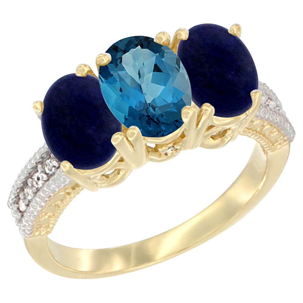 10K Yellow Gold Natural London Blue Topaz & Lapis Sides Ring 3-Stone Oval 7x5 mm Diamond Accent, sizes 5 - 10