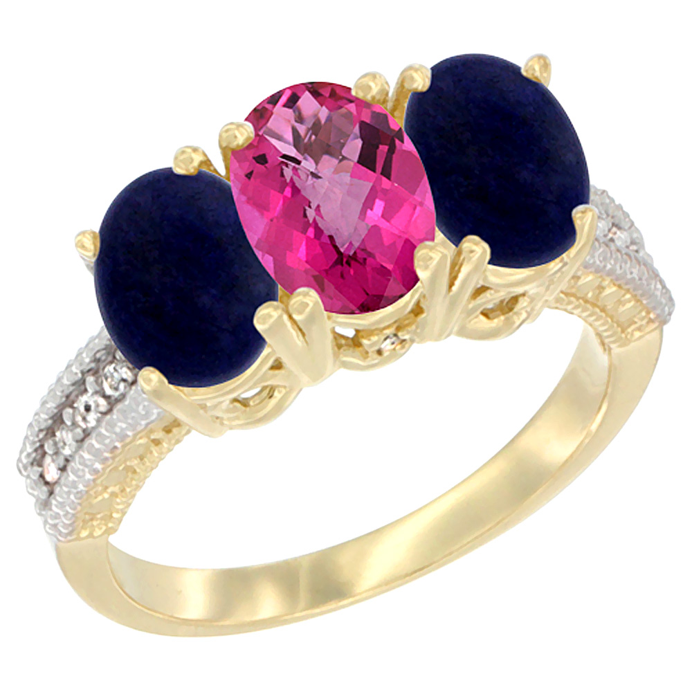 10K Yellow Gold Natural Pink Topaz & Lapis Sides Ring 3-Stone Oval 7x5 mm Diamond Accent, sizes 5 - 10