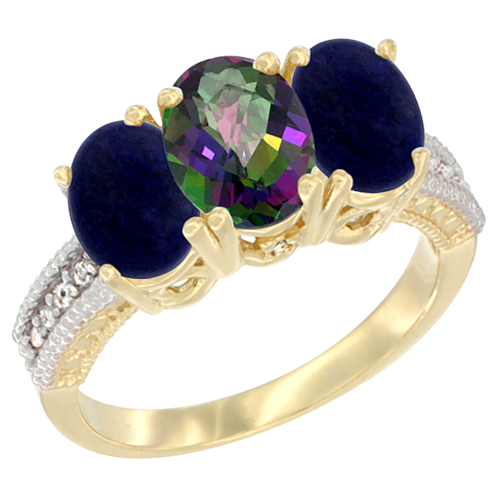 10K Yellow Gold Natural Mystic Topaz & Lapis Sides Ring 3-Stone Oval 7x5 mm Diamond Accent, sizes 5 - 10