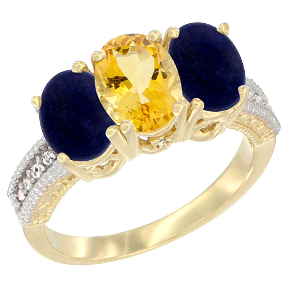 10K Yellow Gold Natural Citrine & Lapis Sides Ring 3-Stone Oval 7x5 mm Diamond Accent, sizes 5 - 10