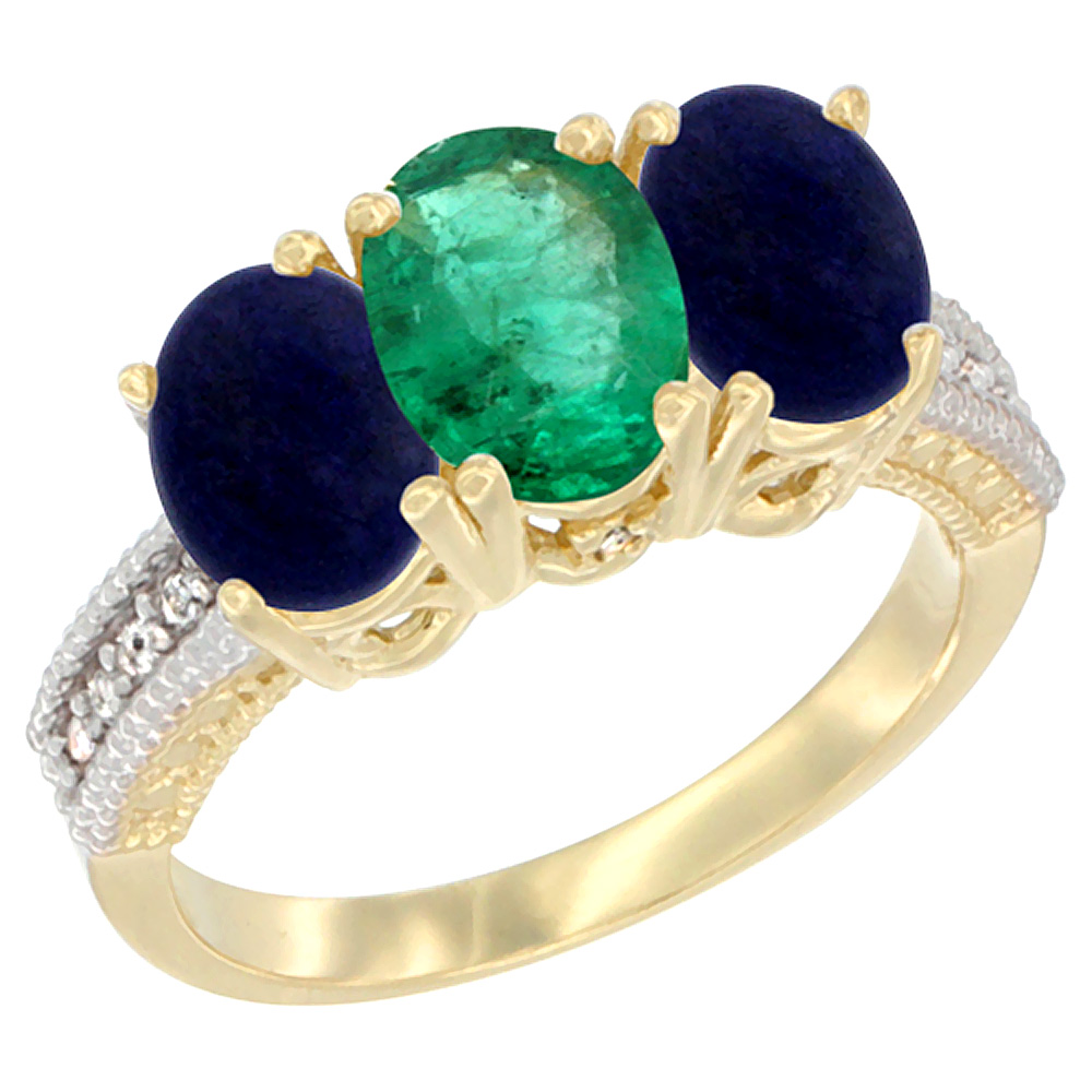 10K Yellow Gold Natural Emerald & Lapis Sides Ring 3-Stone Oval 7x5 mm Diamond Accent, sizes 5 - 10