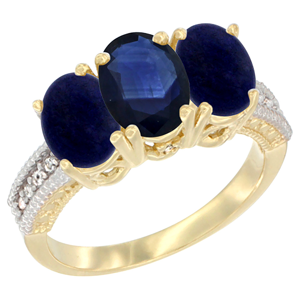 10K Yellow Gold Natural Blue Sapphire & Lapis Sides Ring 3-Stone Oval 7x5 mm Diamond Accent, sizes 5 - 10