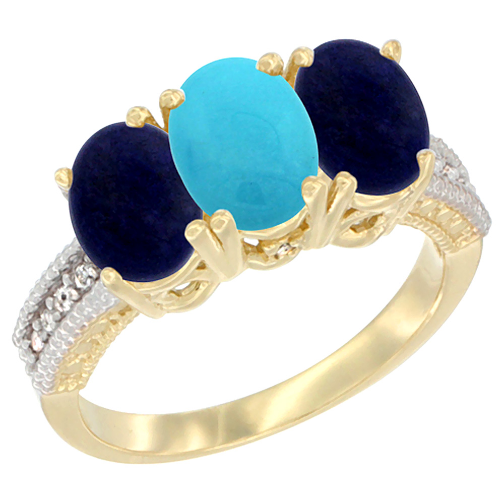 10K Yellow Gold Natural Turquoise & Lapis Sides Ring 3-Stone Oval 7x5 mm Diamond Accent, sizes 5 - 10