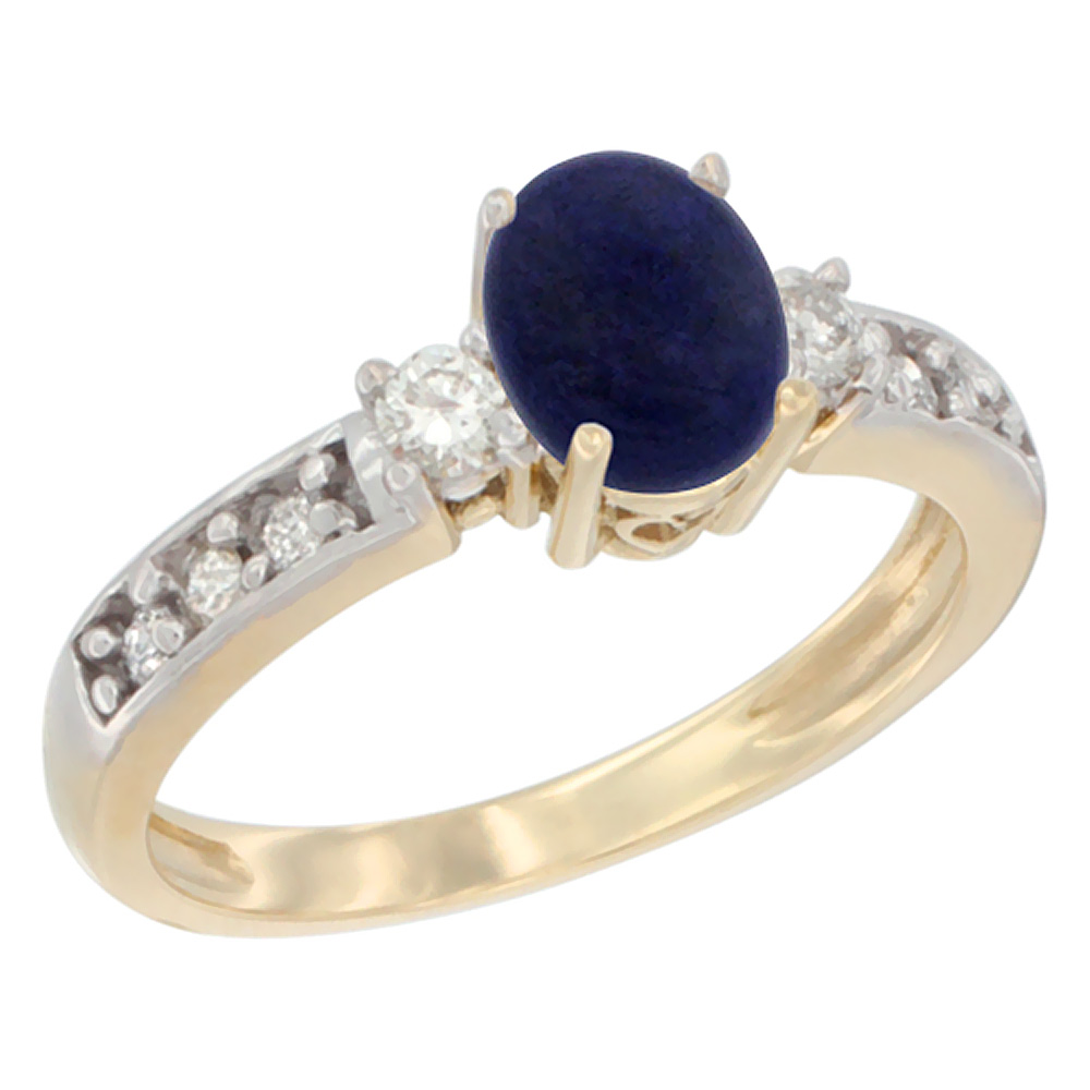 10k Yellow Gold Natural Lapis Ring Oval 7x5 mm Diamond Accent, sizes 5 - 10