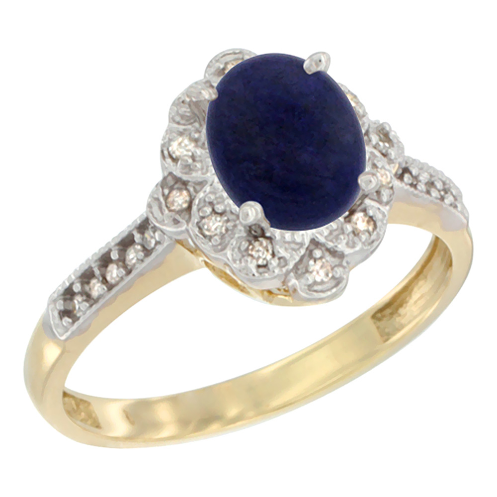 10K Yellow Gold Natural Lapis Ring Oval 8x6 mm Floral Diamond Halo, sizes 5 - 10