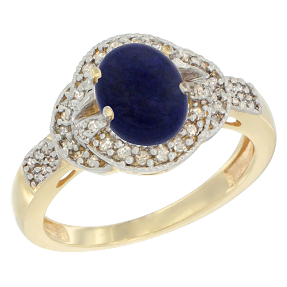 10K Yellow Gold Natural Lapis Ring Oval 8x6 mm Diamond Accent, sizes 5 - 10