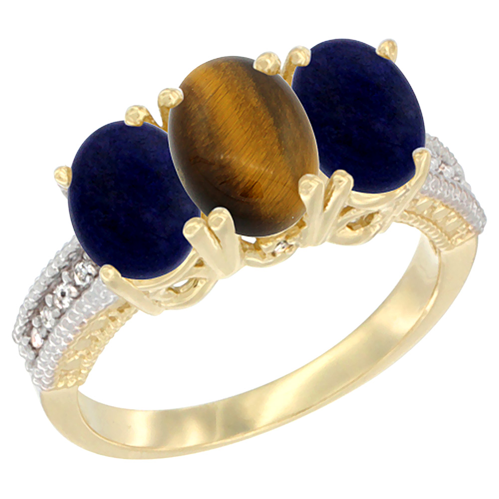 10K Yellow Gold Natural Tiger Eye & Lapis Sides Ring 3-Stone Oval 7x5 mm Diamond Accent, sizes 5 - 10
