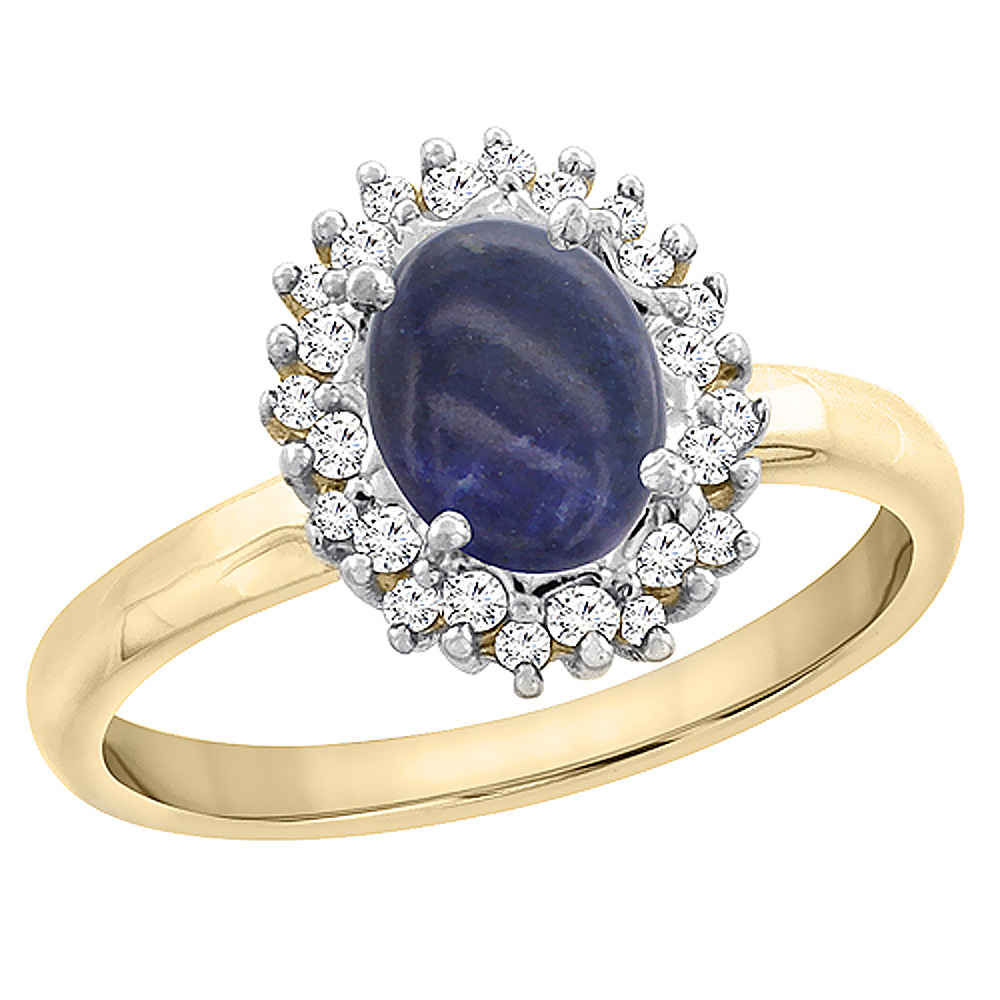 10K Yellow Gold Diamond Natural Lapis Engagement Ring Oval 7x5mm, sizes 5 - 10