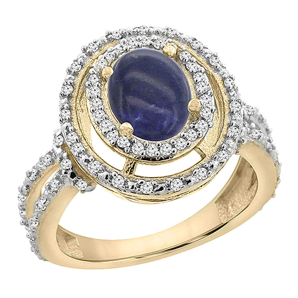 10K Yellow Gold Natural Lapis Ring Oval 8x6 mm Double Halo Diamond, sizes 5 - 10