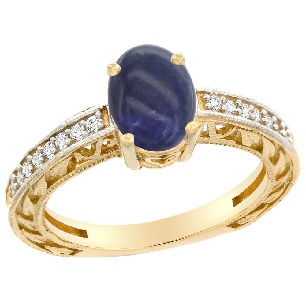 10K Gold Natural Lapis Ring Oval 8x6 mm Diamond Accents, sizes 5 - 10