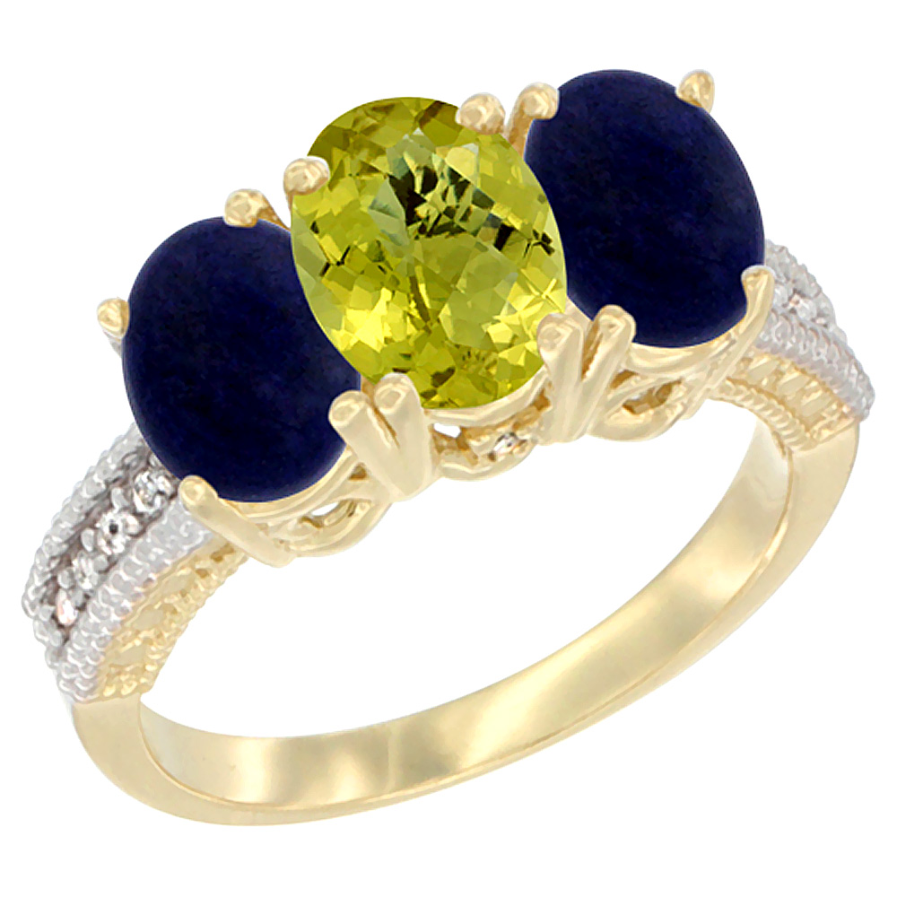 10K Yellow Gold Natural Lemon Quartz & Lapis Sides Ring 3-Stone Oval 7x5 mm Diamond Accent, sizes 5 - 10