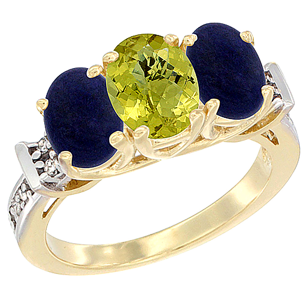 10K Yellow Gold Natural Lemon Quartz & Lapis Sides Ring 3-Stone Oval Diamond Accent, sizes 5 - 10