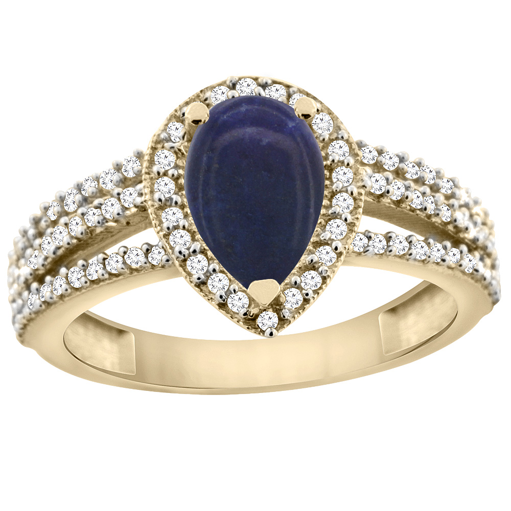 10K Yellow Gold Natural Lapis Ring 9x7 Pear Halo Diamond, sizes 5 - 10