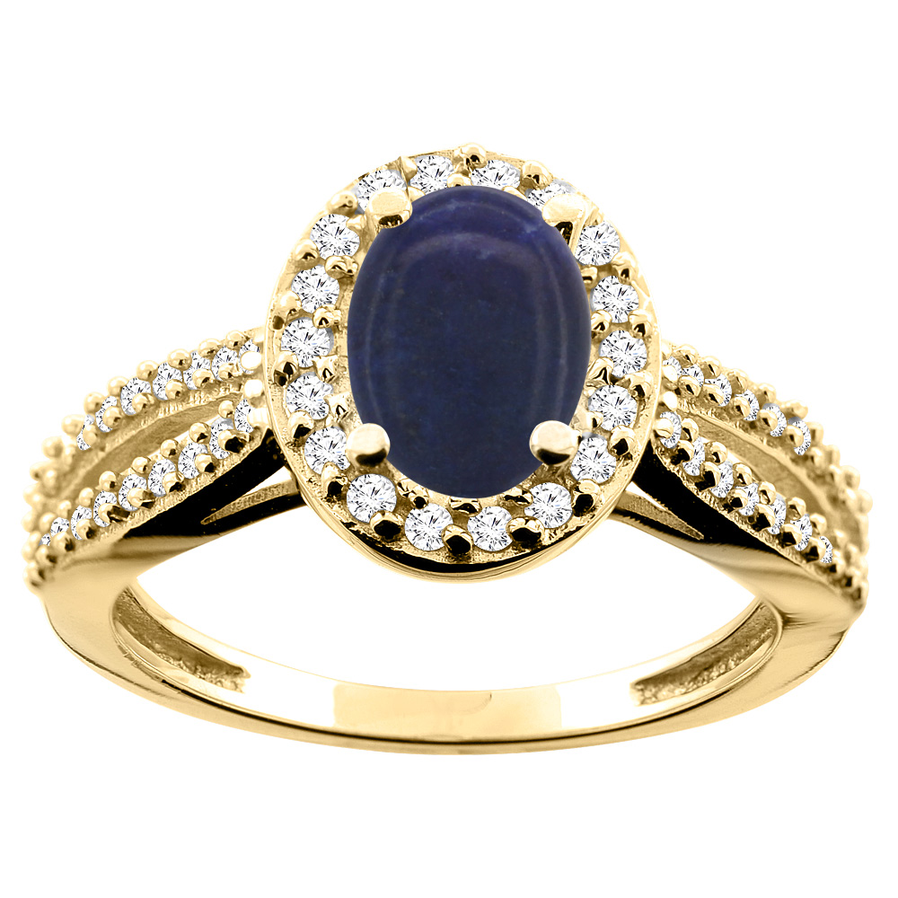 10K White/Yellow/Rose Gold Natural Lapis Ring Oval 8x6mm Diamond Accent, size 5