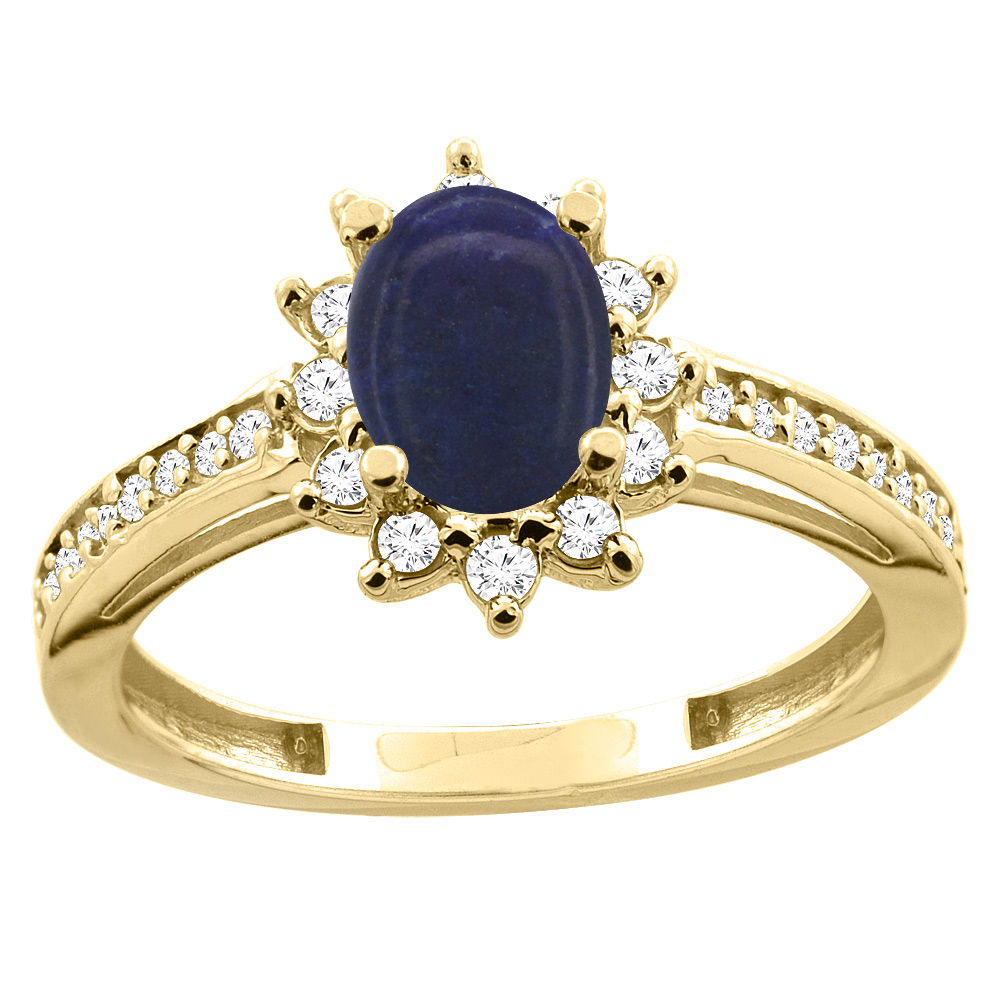 10K White/Yellow Gold Diamond Natural Lapis Floral Halo Engagement Ring Oval 7x5mm, sizes 5 - 10