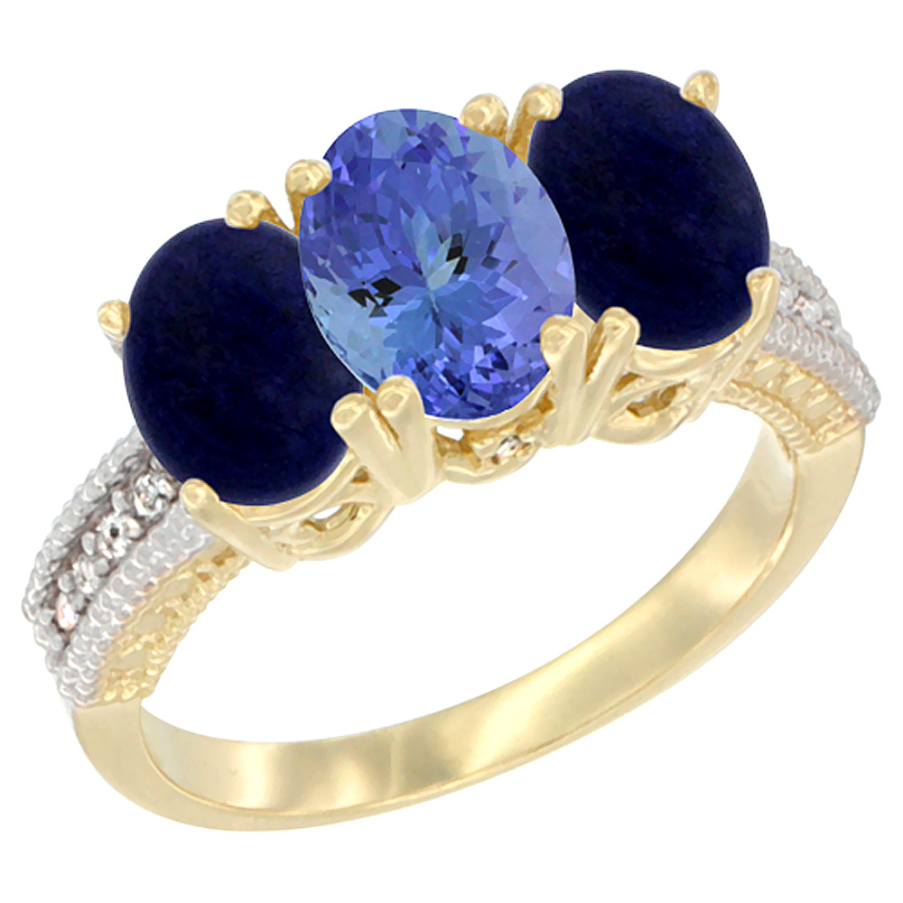 10K Yellow Gold Natural Tanzanite & Lapis Sides Ring 3-Stone Oval 7x5 mm Diamond Accent, sizes 5 - 10