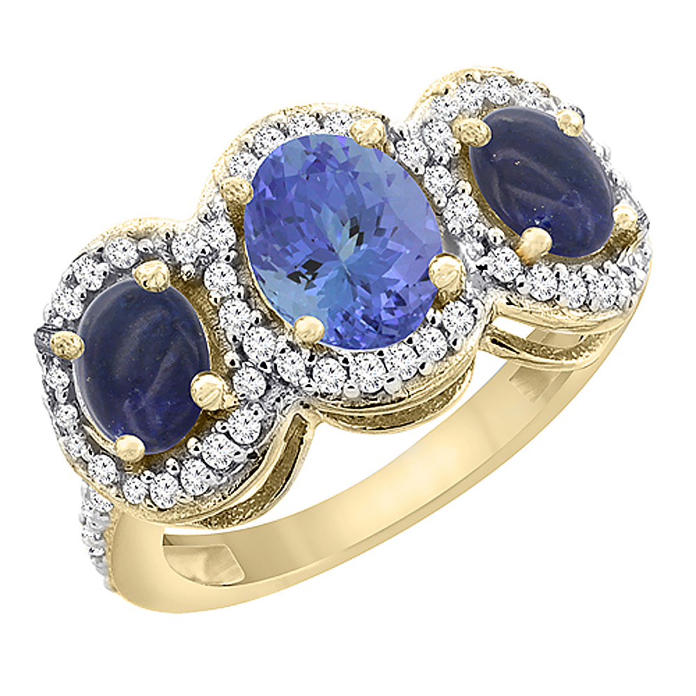 10K Yellow Gold Natural Tanzanite & Lapis 3-Stone Ring Oval Diamond Accent, sizes 5 - 10