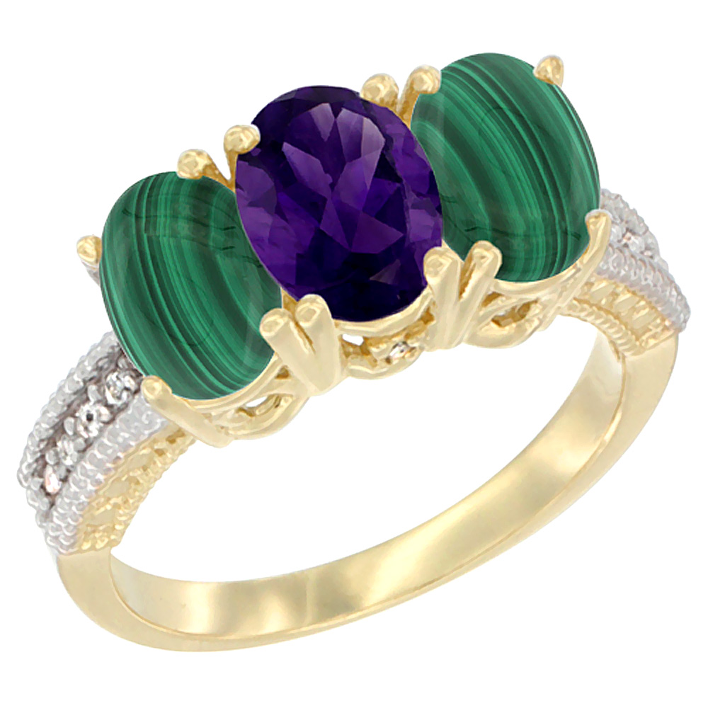 10K Yellow Gold Natural Amethyst & Malachite Sides Ring 3-Stone Oval 7x5 mm Diamond Accent, sizes 5 - 10