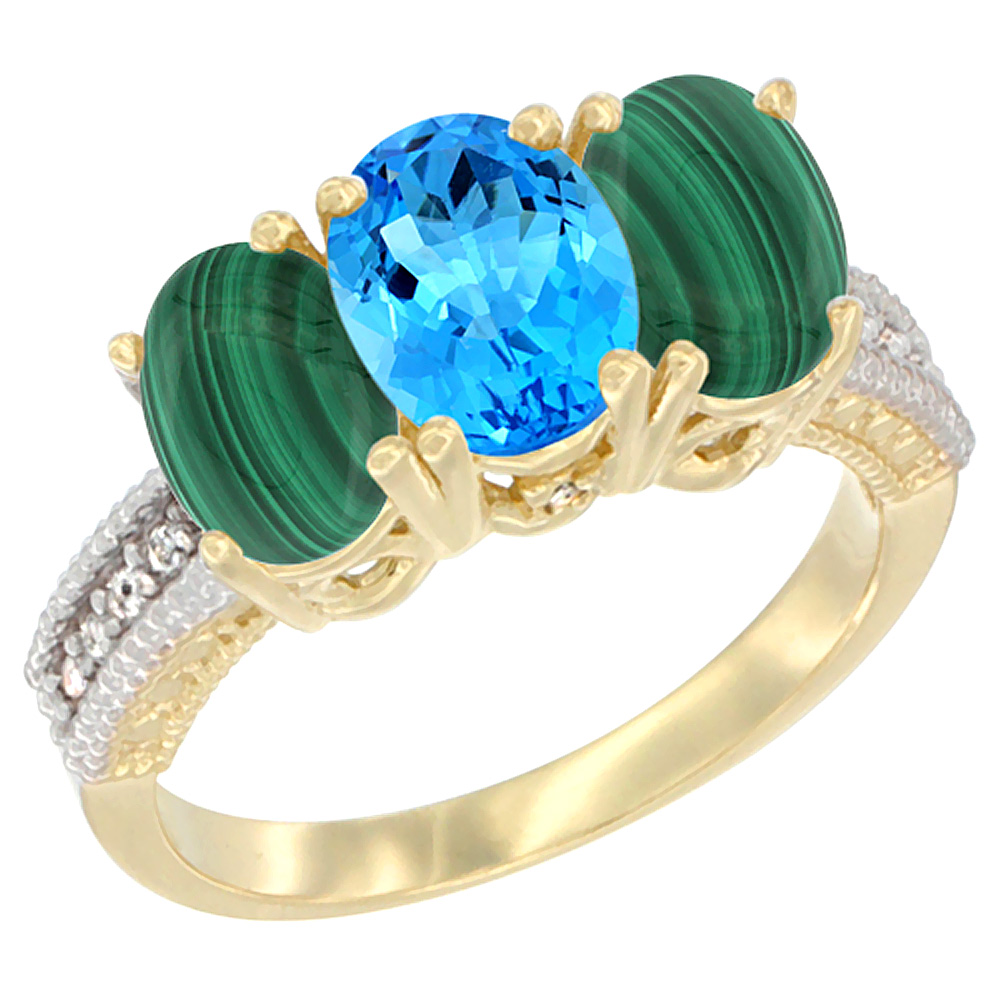 10K Yellow Gold Natural Swiss Blue Topaz & Malachite Sides Ring 3-Stone Oval 7x5 mm Diamond Accent, sizes 5 - 10