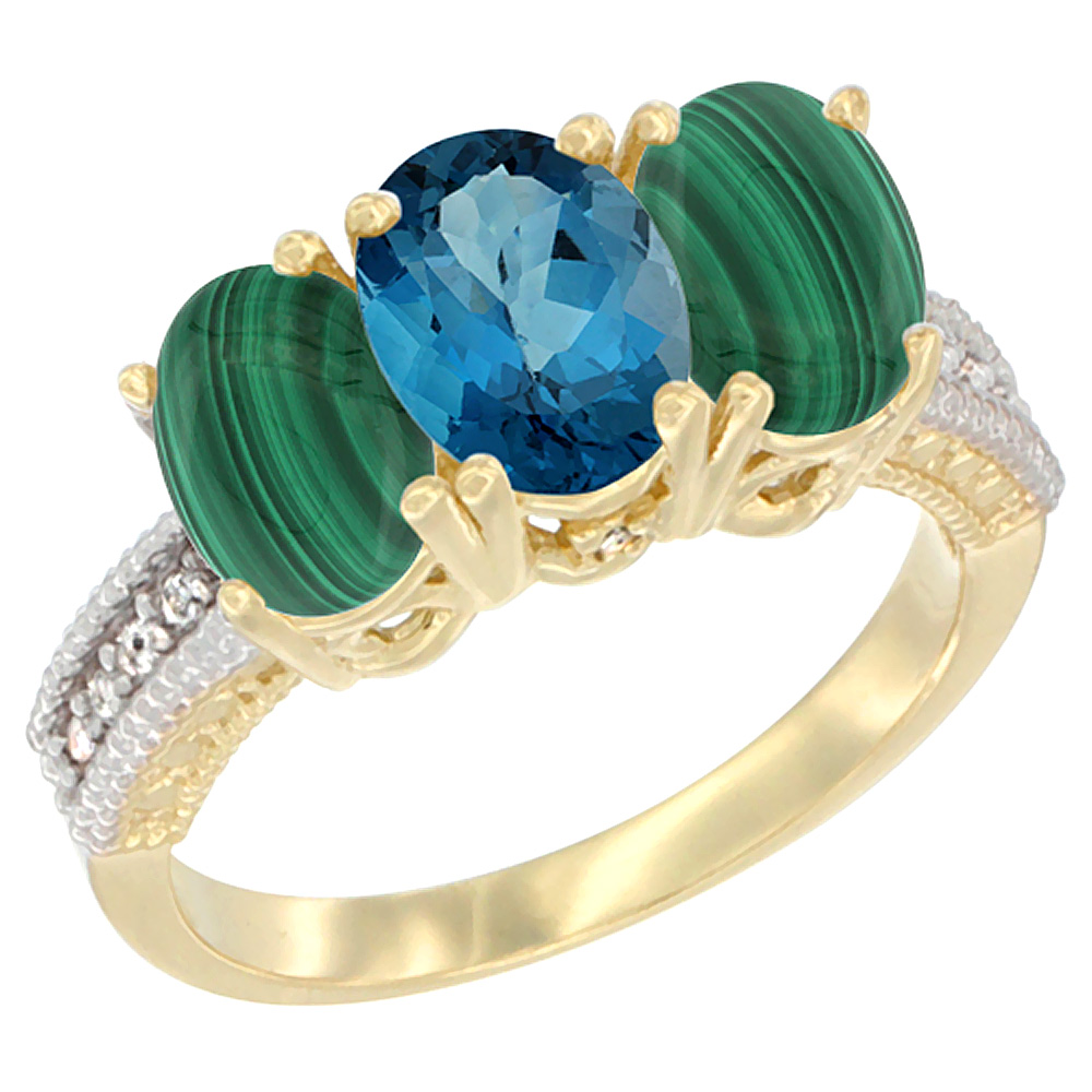10K Yellow Gold Natural London Blue Topaz & Malachite Sides Ring 3-Stone Oval 7x5 mm Diamond Accent, sizes 5 - 10