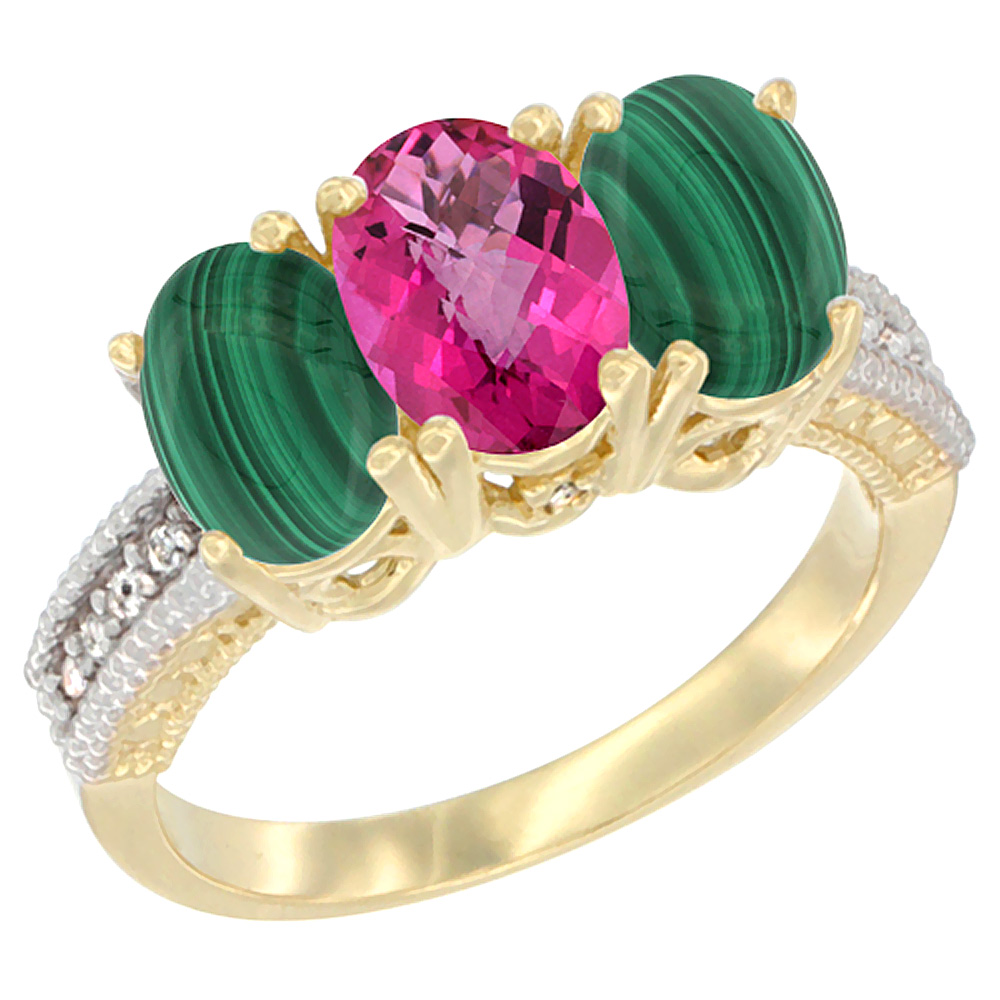 10K Yellow Gold Natural Pink Topaz & Malachite Sides Ring 3-Stone Oval 7x5 mm Diamond Accent, sizes 5 - 10