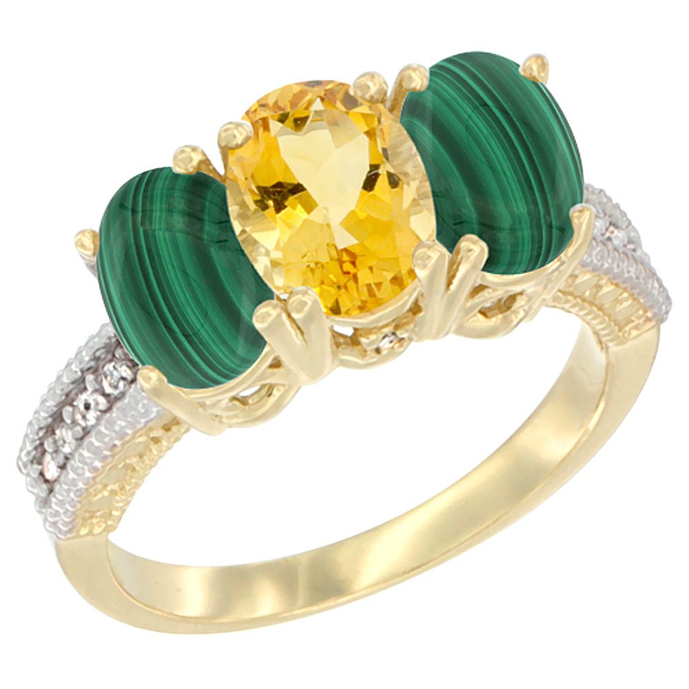 10K Yellow Gold Natural Citrine & Malachite Sides Ring 3-Stone Oval 7x5 mm Diamond Accent, sizes 5 - 10